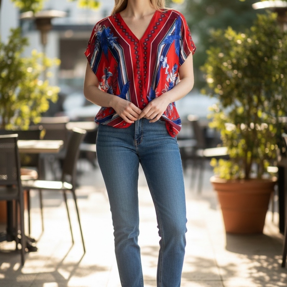 Farm Rio Parrot Print Top Blouse Tunic Medium Macaw Tropical